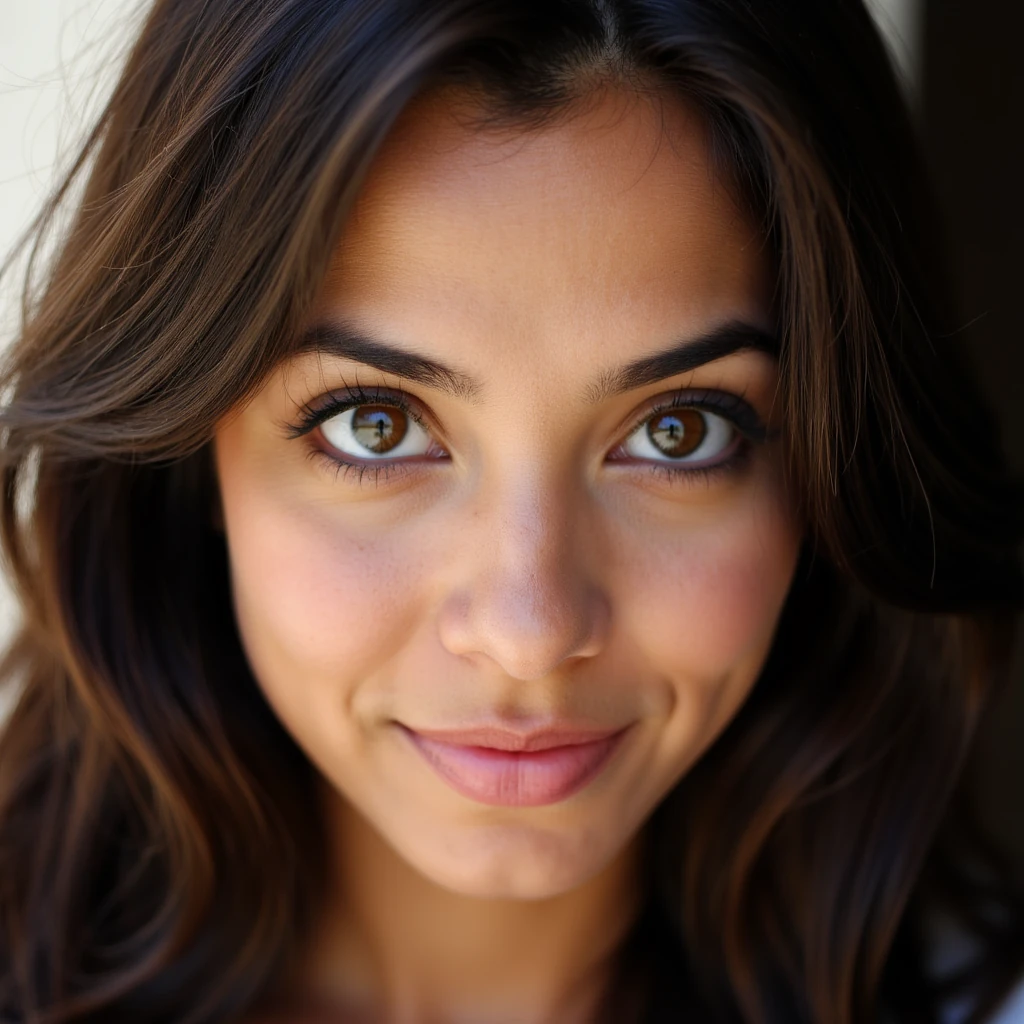 portrait of sofiaMarquez, brunette, brown eyes, close-up, natural light