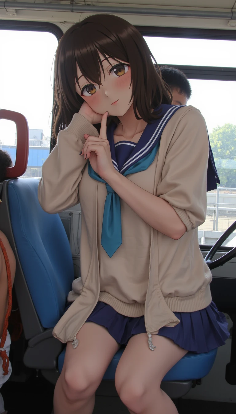 18 year old naked island girl with medium length brown wavy hair getting fingered on a public bus in japan, holding her tits and wearing a school uniform.