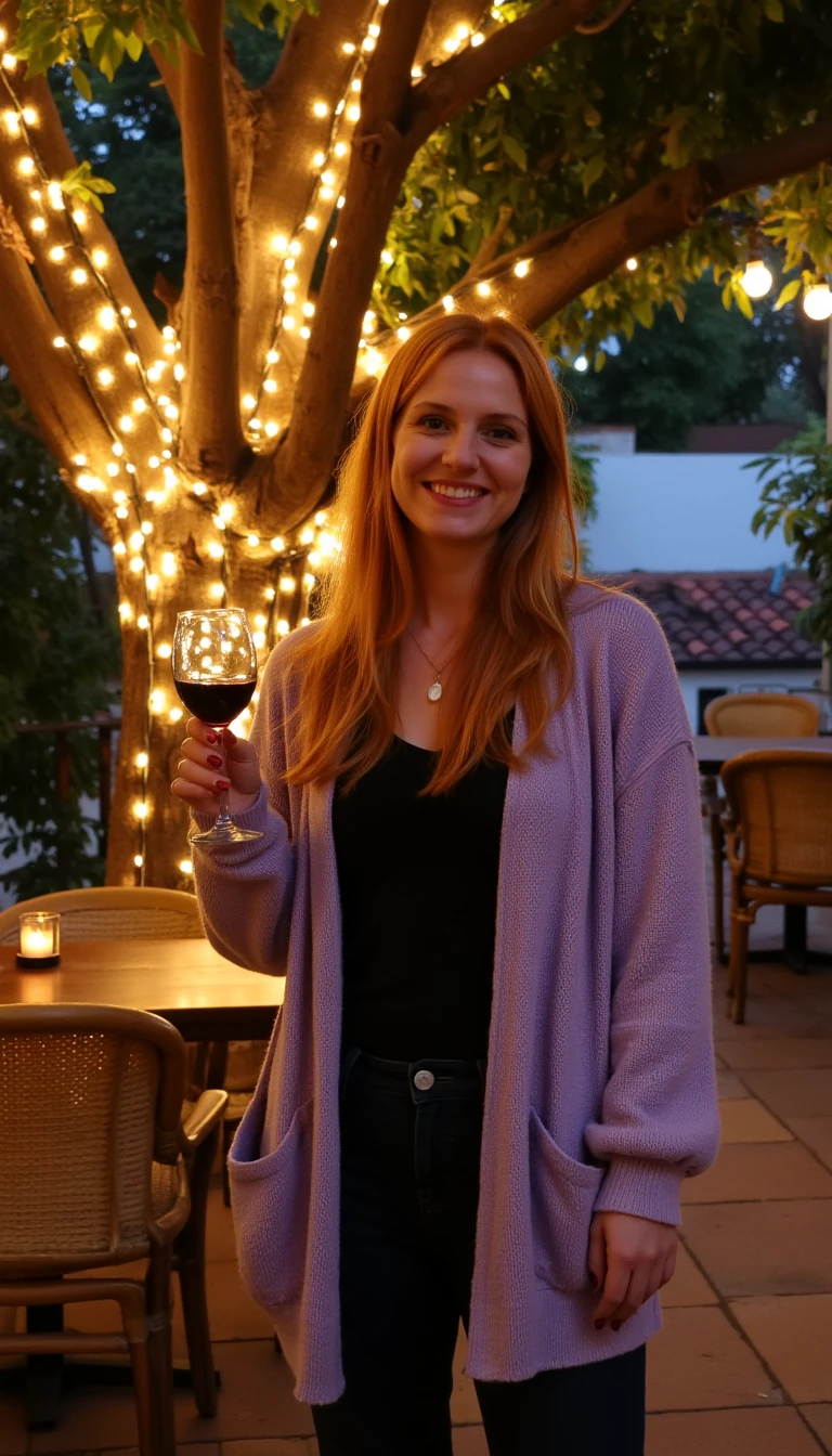 A full body shot photo of a woman standing outdoors at a cozy, warmly lit patio in the evening, with soft, glowing lights wrapped around a tree behind them creating a charming atmosphere. The image is rich in detail, with warm tones and clear textures throughout. The woman has fair skin, a slim build, and long reddish-blonde hair, also worn loose. She is smiling warmly at the camera, holding a glass of red wine in her right hand, and wears a soft-textured lavender cardigan over a black top. The background features a large tree with sparkling string lights wrapped around its trunk and branches, adding a magical touch to the scene. The setting suggests a private outdoor seating area, with elements like terracotta-tiled roofing, greenery, and rattan chairs contributing to a serene, inviting vibe. The overall composition is balanced, with the woman framed against the softly glowing tree, and the lighting enhances the warm, intimate feel of a quiet evening shared among friends. The details are vivid, with textures of clothing, skin, and background elements clearly visible, while the warm lighting creates a relaxed and joyful mood