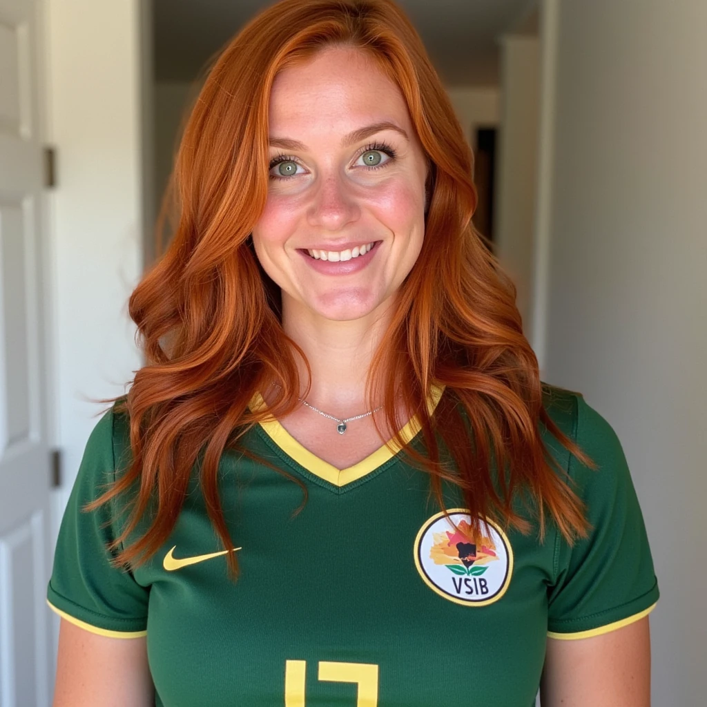 ginger haired flirty soccer mom late 20s, DD cup breasts, green eyes, 5'5