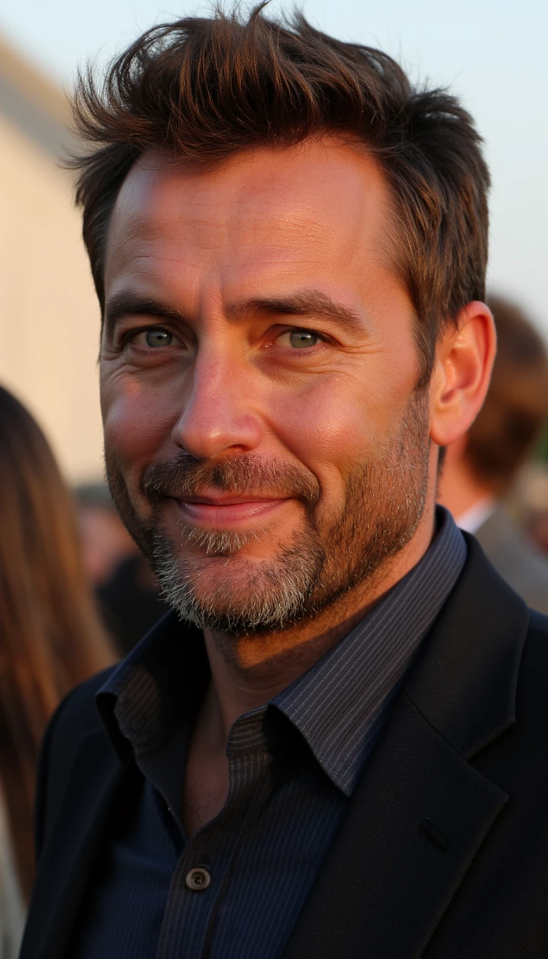 A candid photo of a middle aged man with rugged, masculine features and refined style. He has beard stubble. His frame is larger than average. He has thick, professionally styled brown hair and piercing light grey eyes that look focused and intense, not smiling. His expression is calm, confident, and thoughtful — a natural look, not posed. The setting is an outdoor gathering at sunset, with warm, golden light and a soft background blur. Emphasize his sharp eyes, strong jawline, and the golden-hour tones.