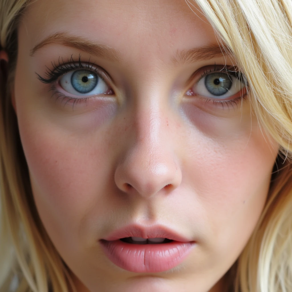 Blonde milf with blue eyes cute nose with slim bridge, plump cupids bow lips, defined cheekbones, eye shape round.