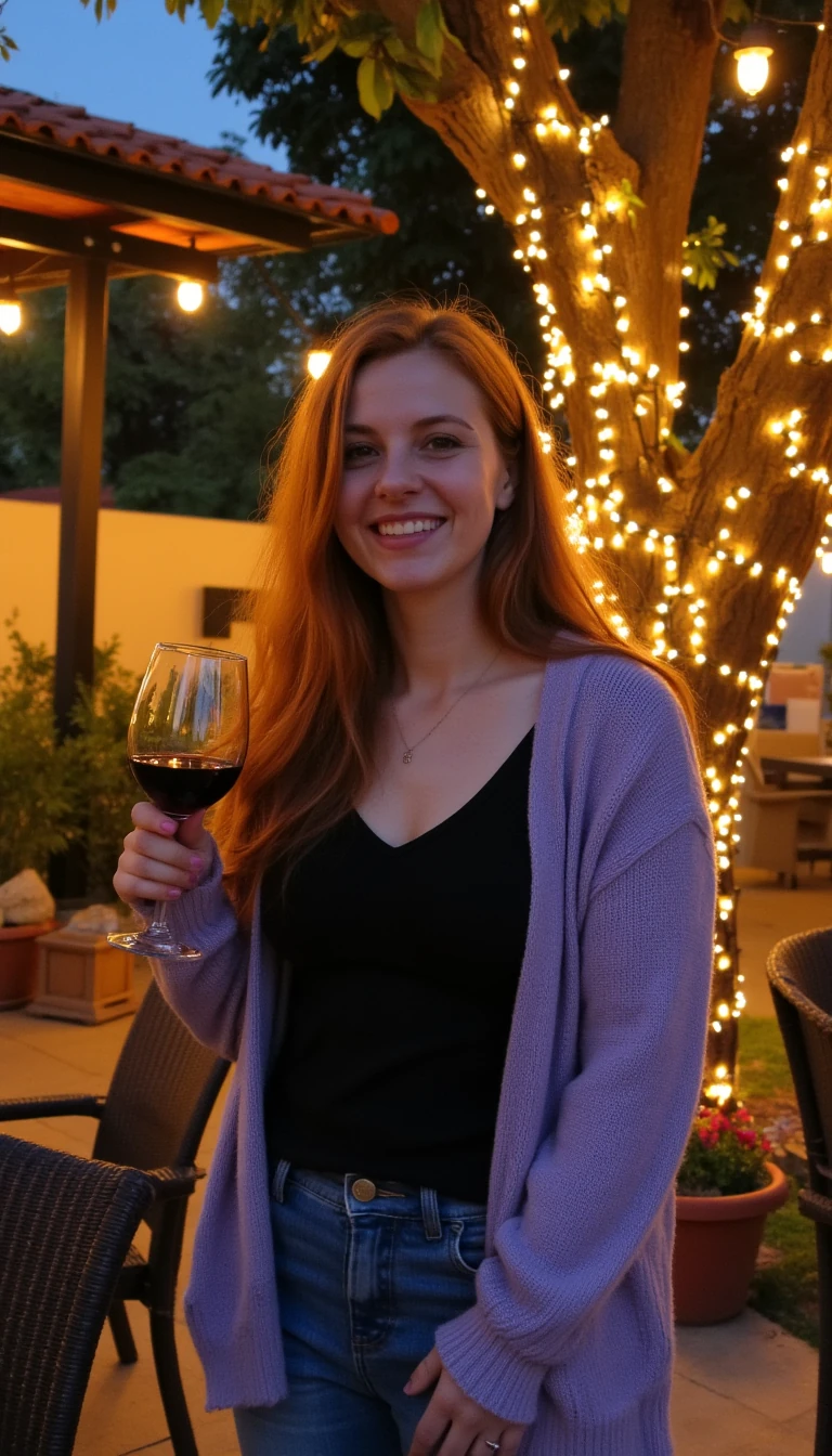 A full body shot photo of a woman standing outdoors at a cozy, warmly lit patio in the evening, with soft, glowing lights wrapped around a tree behind them creating a charming atmosphere. The image is rich in detail, with warm tones and clear textures throughout. The woman has fair skin, a slim build, and long reddish-blonde hair, also worn loose. She is smiling warmly at the camera, holding a glass of red wine in her right hand, and wears a soft-textured lavender cardigan over a black top. The background features a large tree with sparkling string lights wrapped around its trunk and branches, adding a magical touch to the scene. The setting suggests a private outdoor seating area, with elements like terracotta-tiled roofing, greenery, and rattan chairs contributing to a serene, inviting vibe. The overall composition is balanced, with the woman framed against the softly glowing tree, and the lighting enhances the warm, intimate feel of a quiet evening shared among friends. The details are vivid, with textures of clothing, skin, and background elements clearly visible, while the warm lighting creates a relaxed and joyful mood