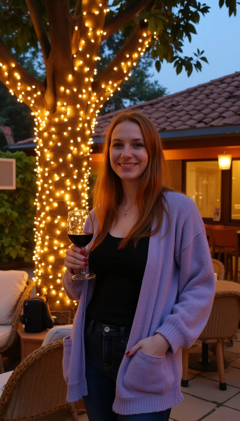 A full body shot photo of a woman standing outdoors at a cozy, warmly lit patio in the evening, with soft, glowing lights wrapped around a tree behind them creating a charming atmosphere. The image is rich in detail, with warm tones and clear textures throughout. The woman has fair skin, a slim build, and long reddish-blonde hair, also worn loose. She is smiling warmly at the camera, holding a glass of red wine in her right hand, and wears a soft-textured lavender cardigan over a black top. The background features a large tree with sparkling string lights wrapped around its trunk and branches, adding a magical touch to the scene. The setting suggests a private outdoor seating area, with elements like terracotta-tiled roofing, greenery, and rattan chairs contributing to a serene, inviting vibe. The overall composition is balanced, with the woman framed against the softly glowing tree, and the lighting enhances the warm, intimate feel of a quiet evening shared among friends. The details are vivid, with textures of clothing, skin, and background elements clearly visible, while the warm lighting creates a relaxed and joyful mood
