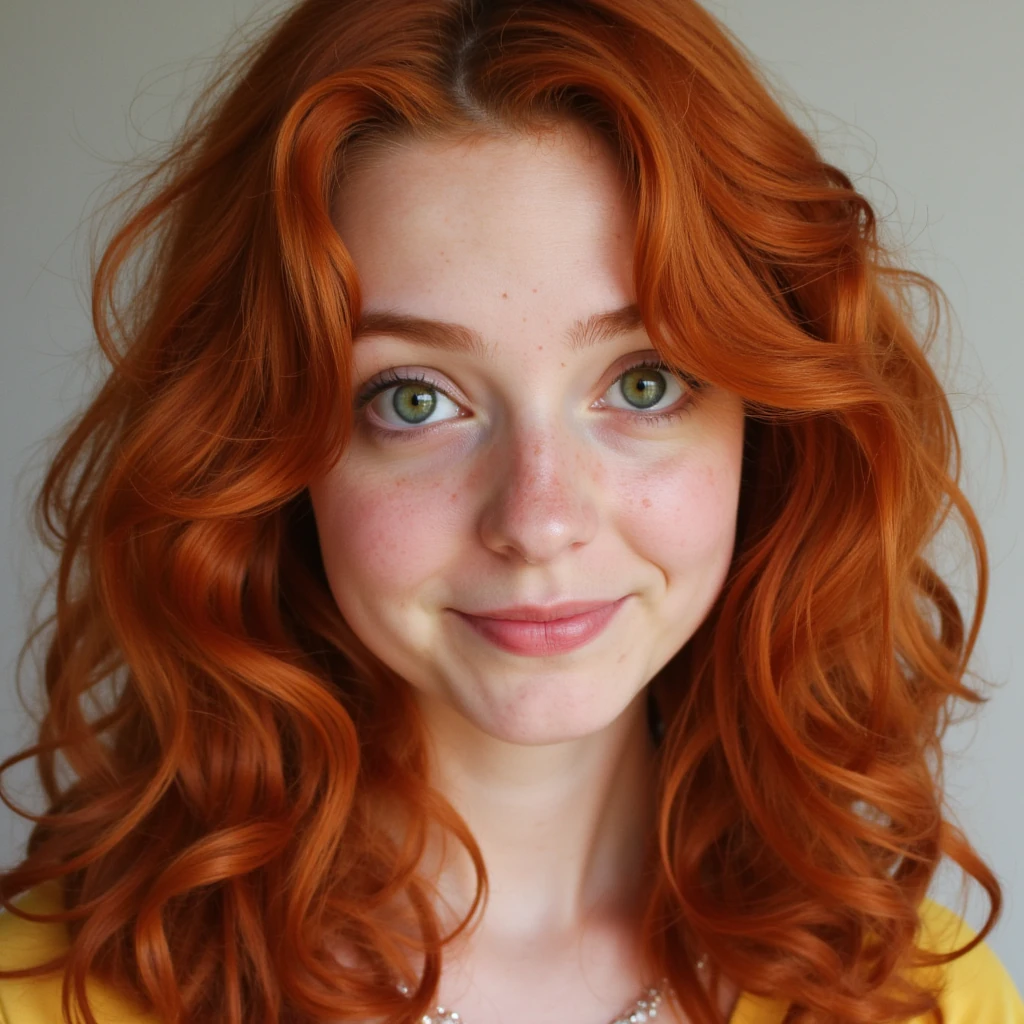 Portrait of a 26 year old girl,  curly auburn hair, nice bright green eyes, high cheekbone, with pale skin and a few freckles, some facial imperfections and a slender yet button nose, medium lips and a great smile eye brows thin yet prominent