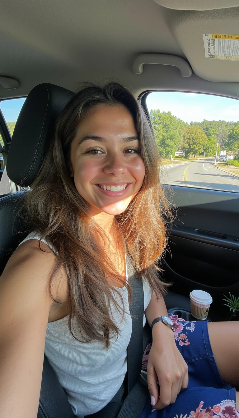 boring low quality snapchat photo circa 2015, A young latina woman with a warm smile, sitting in the driver's seat of a cozy car. She has soft, wavy brown hair cascading past her shoulders. The sunlight streams through the window, casting a gentle glow on her face. The interior of the car is neat and comfortable, with a coffee cup in the cup holder and a small plant on the dashboard. The background outside the window shows a scenic road lined with trees and blue skies