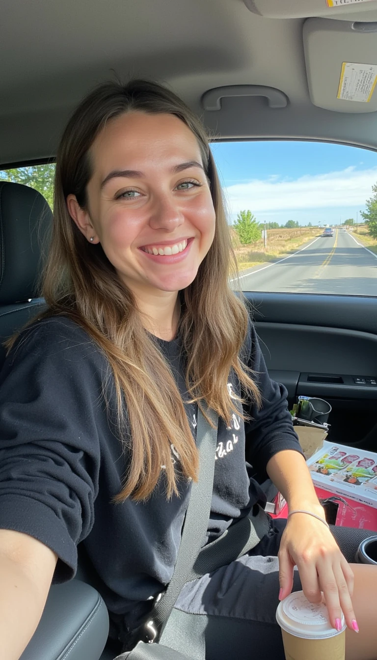 boring low quality snapchat photo circa 2015, A young woman with a warm smile, sitting in the driver's seat of a cozy car. She has soft, wavy brown hair cascading past her shoulders. The sunlight streams through the window, casting a gentle glow on her face. The interior of the car is neat and comfortable, with a coffee cup in the cup holder and a small plant on the dashboard. The background outside the window shows a scenic road lined with trees and blue skies
