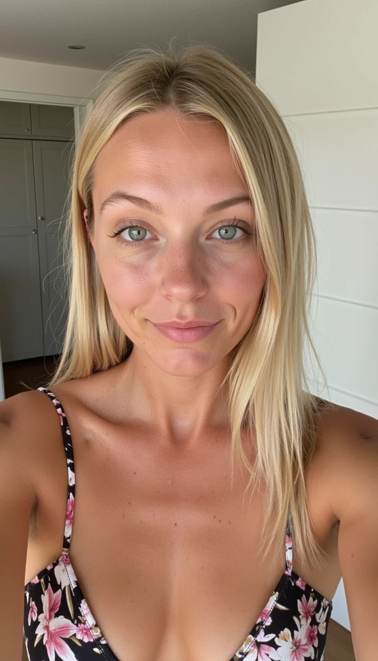 Female, 25 y/o, Blonde hair, Natural style, Petite body, Caucasian ethnicity, Slim nose; Piercing blue eyes; Thin lips; Large ears; Arched brows; Soft jawline; Pockmarks; Laugh lines; Smooth, flawless skin; Defined collarbones; Calloused hands; Slight slouch; Natural Athletic DD Cups, Full body bikini selfie