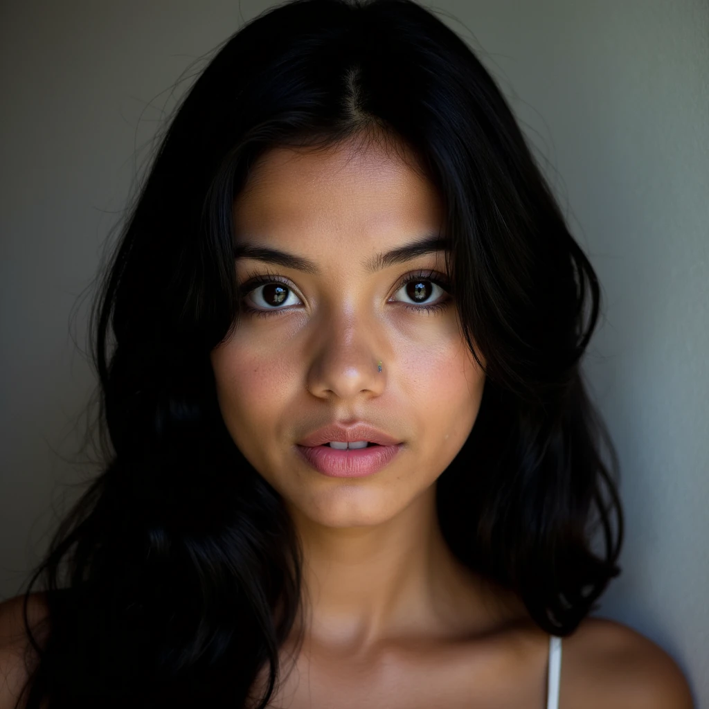 portrait of a young woman with black hair and black eyes