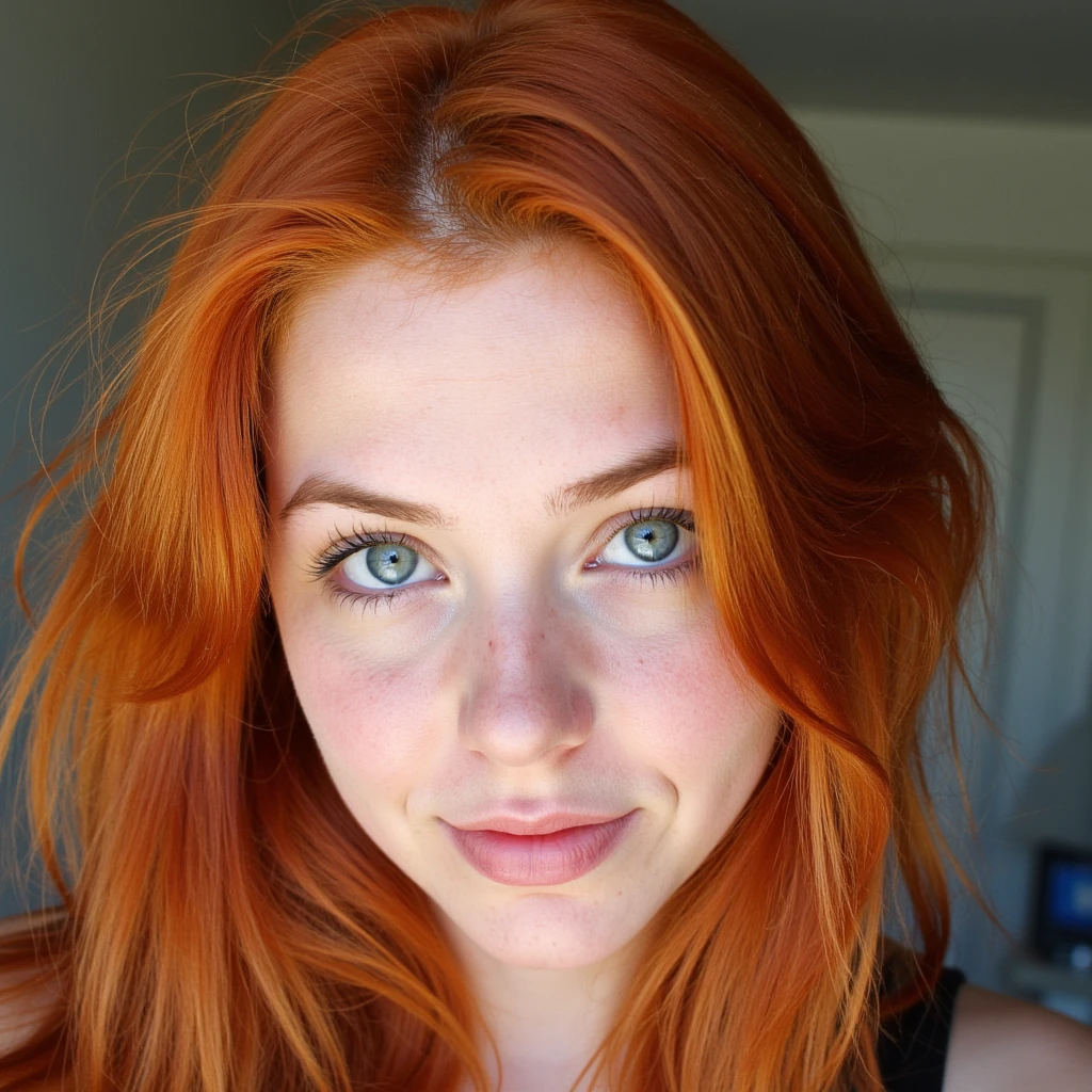 portrait type selfie low quality snapchat of a young women with red hair and blue eyes