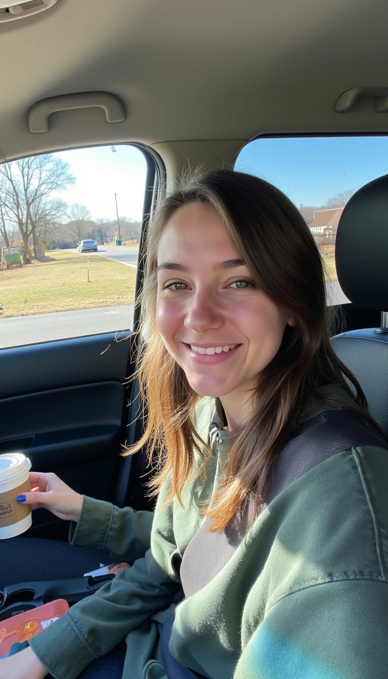 boring low quality snapchat photo circa 2015, A young woman with a warm smile, sitting in the driver's seat of a cozy car. She has soft, wavy brown hair cascading past her shoulders. The sunlight streams through the window, casting a gentle glow on her face. The interior of the car is neat and comfortable, with a coffee cup in the cup holder and a small plant on the dashboard. The background outside the window shows a scenic road lined with trees and blue skies