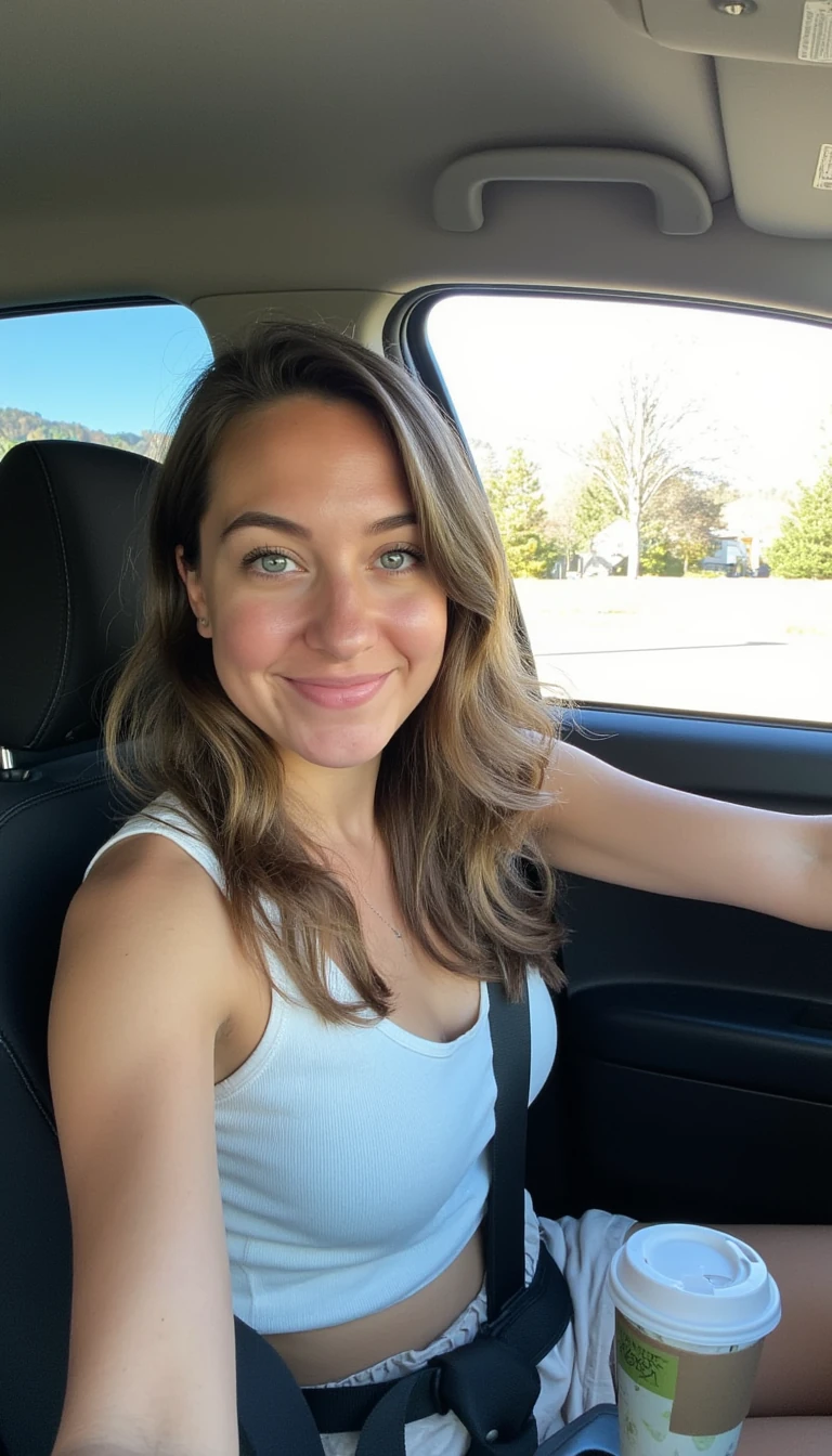 boring low quality snapchat photo circa 2015, A young woman with a warm smile, sitting in the driver's seat of a cozy car. She has soft, wavy brown hair cascading past her shoulders. The sunlight streams through the window, casting a gentle glow on her face. The interior of the car is neat and comfortable, with a coffee cup in the cup holder and a small plant on the dashboard. The background outside the window shows a scenic road lined with trees and blue skies