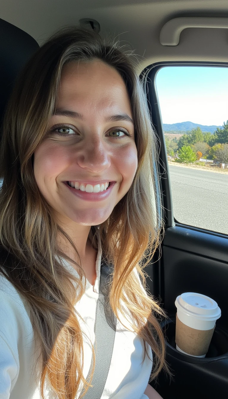 boring low quality snapchat photo circa 2015, A young woman with a warm smile, sitting in the driver's seat of a cozy car. She has soft, wavy brown hair cascading past her shoulders. The sunlight streams through the window, casting a gentle glow on her face. The interior of the car is neat and comfortable, with a coffee cup in the cup holder and a small plant on the dashboard. The background outside the window shows a scenic road lined with trees and blue skies