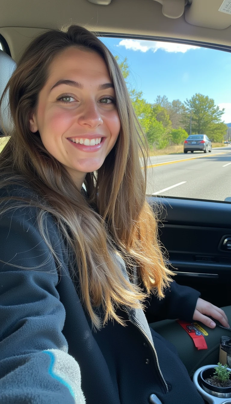 boring low quality snapchat photo circa 2015, A young woman with a warm smile, sitting in the driver's seat of a cozy car. She has soft, wavy brown hair cascading past her shoulders. The sunlight streams through the window, casting a gentle glow on her face. The interior of the car is neat and comfortable, with a coffee cup in the cup holder and a small plant on the dashboard. The background outside the window shows a scenic road lined with trees and blue skies