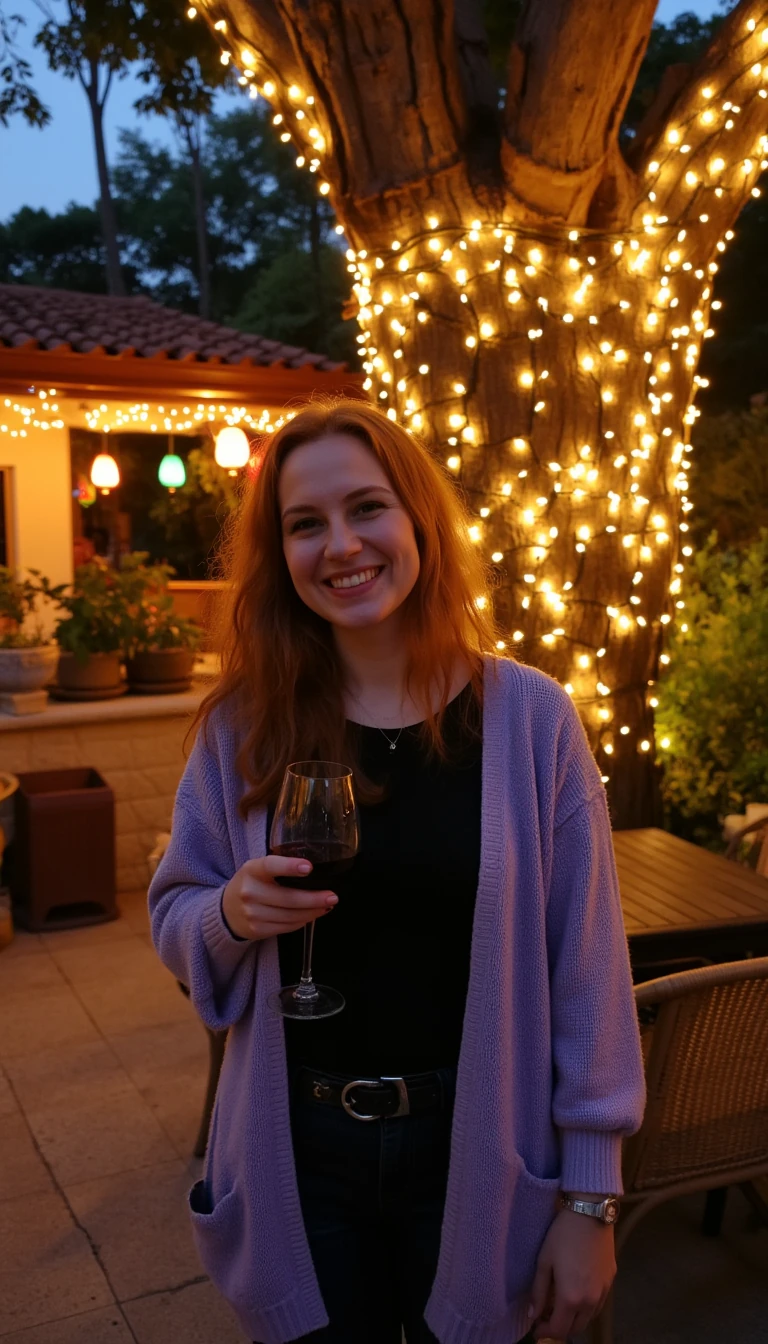A full body shot photo of a woman standing outdoors at a cozy, warmly lit patio in the evening, with soft, glowing lights wrapped around a tree behind them creating a charming atmosphere. The image is rich in detail, with warm tones and clear textures throughout. The woman has fair skin, a slim build, and long reddish-blonde hair, also worn loose. She is smiling warmly at the camera, holding a glass of red wine in her right hand, and wears a soft-textured lavender cardigan over a black top. The background features a large tree with sparkling string lights wrapped around its trunk and branches, adding a magical touch to the scene. The setting suggests a private outdoor seating area, with elements like terracotta-tiled roofing, greenery, and rattan chairs contributing to a serene, inviting vibe. The overall composition is balanced, with the woman framed against the softly glowing tree, and the lighting enhances the warm, intimate feel of a quiet evening shared among friends. The details are vivid, with textures of clothing, skin, and background elements clearly visible, while the warm lighting creates a relaxed and joyful mood