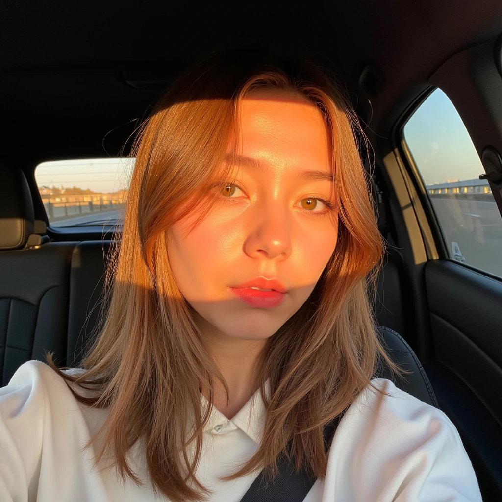 Selfie photo of cute asiatic woman with soft light brown hair in a car, The light from the setting sun gives a soft orange glow across her face and upper body, casting long shadows