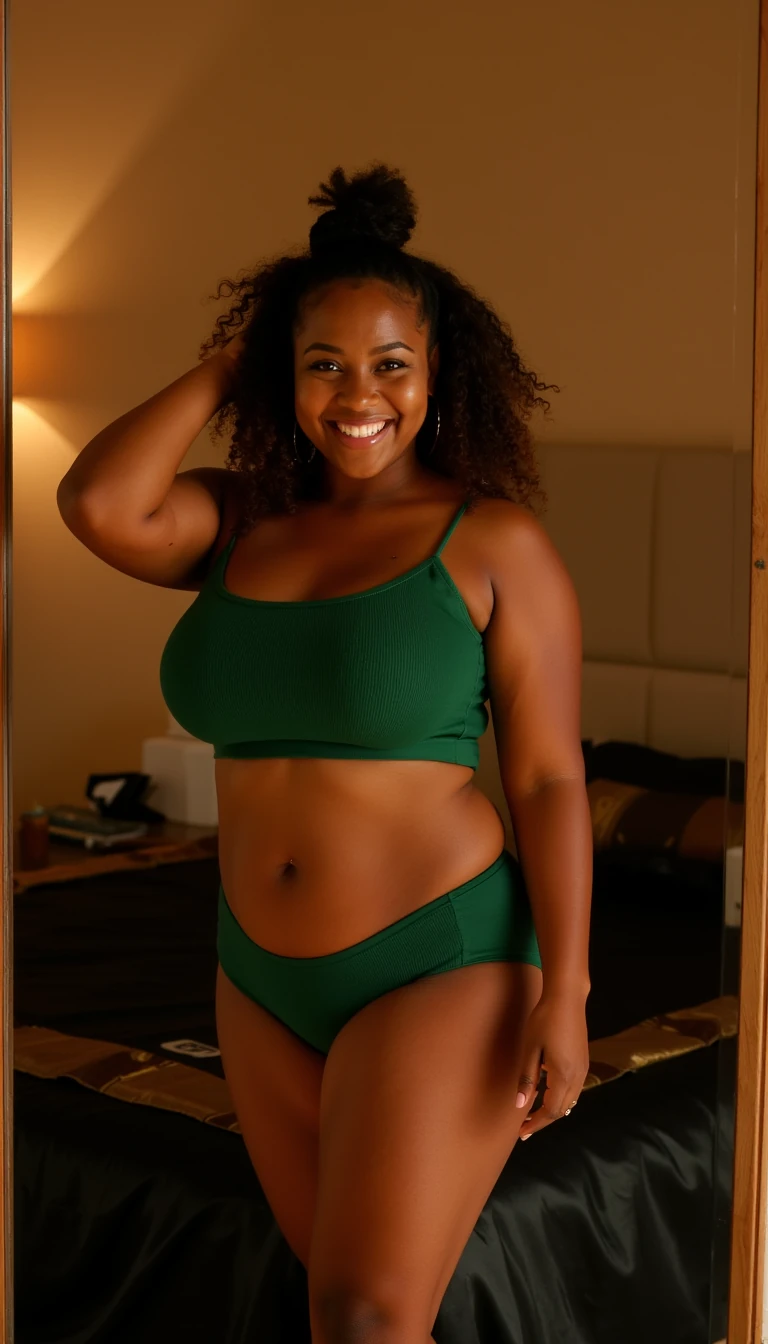 A full body shot photo of an african american woman standing in front of a full lenth mirror in a bedroom. The image is rich in detail, with warm tones and clear textures throughout. The woman has caramel skin, a thick curvy slightly muscular build, and shoulder lenthgth curly hair, also worn in a braid mohawk. She is smiling warmly at the  the camera. She's wearing a green sexy top and green sexy shorts, accentuating her full perky breasts. Her shorts compliments her full buttocks. The background features a mattress  covered with black silk sheets inviting vibe. The overall composition is balanced, with the woman framed standing in front of her mirror striking a sexy pose putting on hand behind her head the lighting enhances the warm, intimate feeling of inticing a lover. The details are vivid, with textures of clothing, skin, and background elements clearly visible, while the warm lighting creates a relaxed and joyful mood 