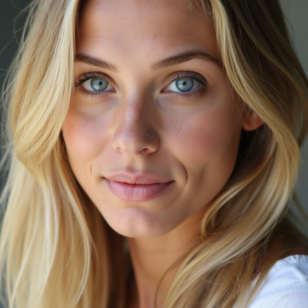 portrait of elinSundberg, 23 year old Swedish woman, blonde hair, blue eyes, close-up, looking straight into the camera, natural daylight, ultra realistic, soft skin texture, 8k, top model