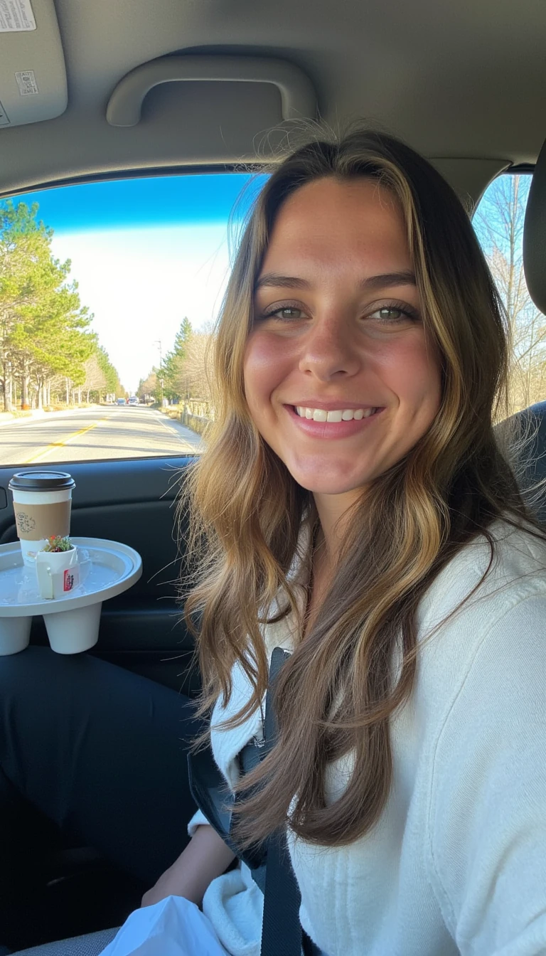 boring low quality snapchat photo circa 2015, A young woman with a warm smile, sitting in the driver's seat of a cozy car. She has soft, wavy brown hair cascading past her shoulders. The sunlight streams through the window, casting a gentle glow on her face. The interior of the car is neat and comfortable, with a coffee cup in the cup holder and a small plant on the dashboard. The background outside the window shows a scenic road lined with trees and blue skies