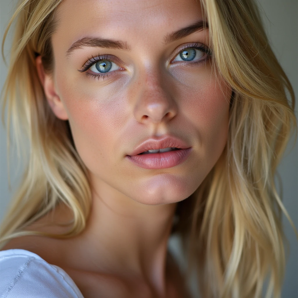 portrait of elinSundberg, 23 year old Swedish woman, blonde hair, blue eyes, close-up, looking straight into the camera, natural daylight, ultra realistic, 8k, top model