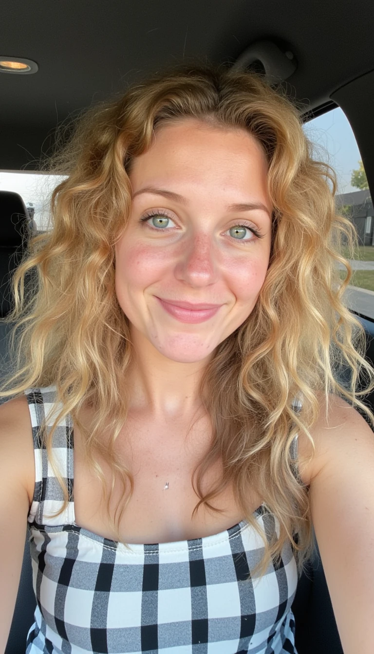 boring low quality snapchat photo circa 2015, cute women, 28-years-old, milf, dirty blonde curly hair, full outfit, full lips, freckles, blue eyes, happy, positive, mommy vibe