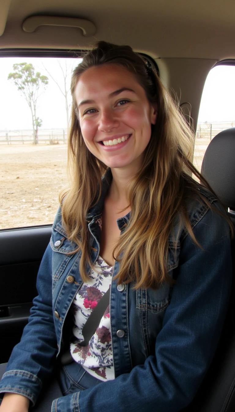 A young country woman with a warm smile, sitting in the driver's seat of a cozy car. She has soft, wavy brown hair cascading past her shoulders. The sunlight streams through the window, casting a gentle glow on her face. The interior of the car is a car used on a farm but is neat and clean. The background outside the window shows a paddock with fences