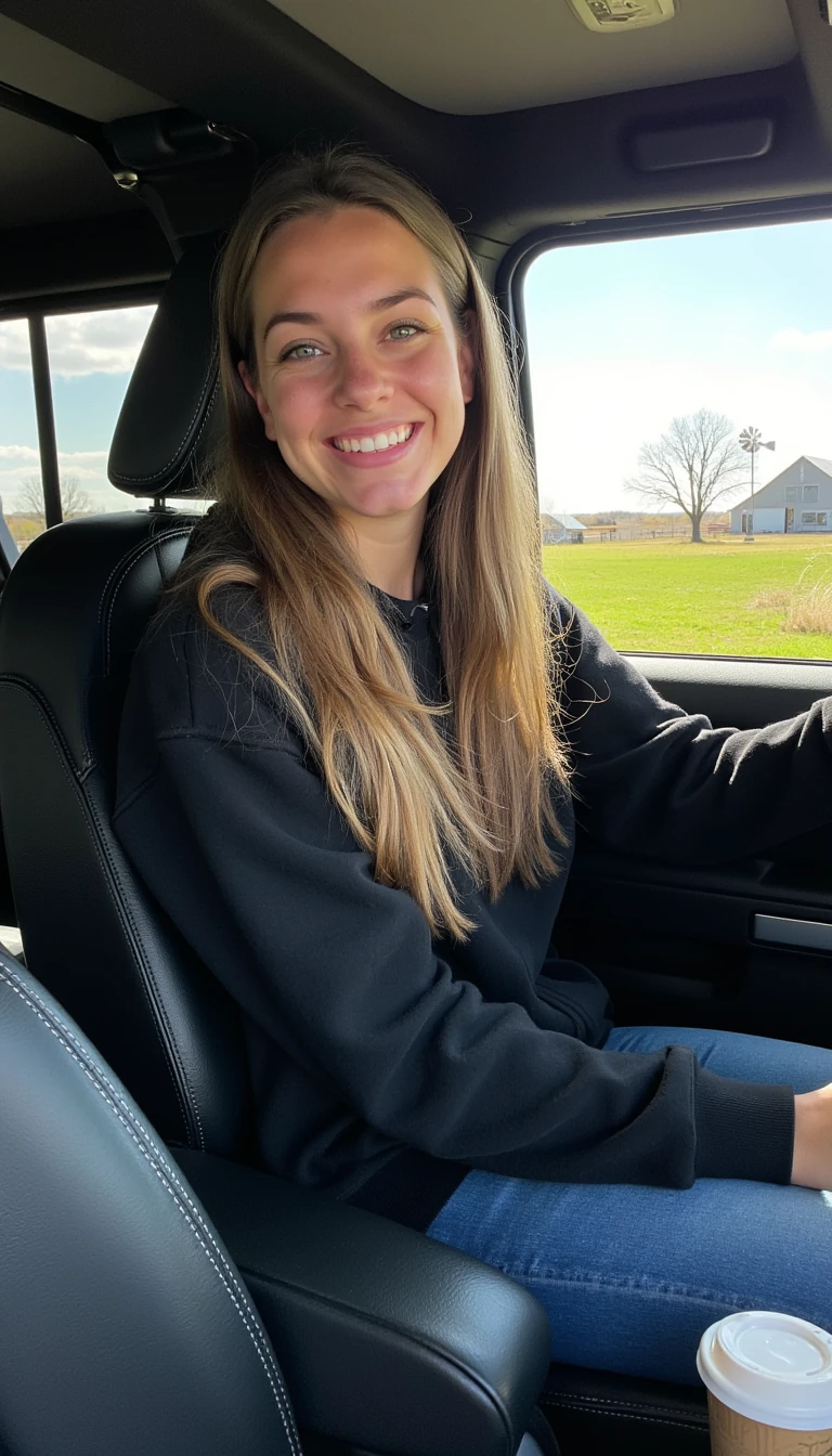boring low quality snapchat photo circa 2015, A young woman with a warm smile and deep set green eyes sitting in the driver's seat of a cozy jeep rubicon with luxurious leather seats. She has soft, wavy brown hair cascading past her shoulders and is wearing a black hoodie and jeans. The sunlight streams through the window, casting a gentle glow on her face. The interior of the car is neat and comfortable, with a coffee cup in the cup holder. The background outside the window shows a farm with a barn and windmill and blue skies