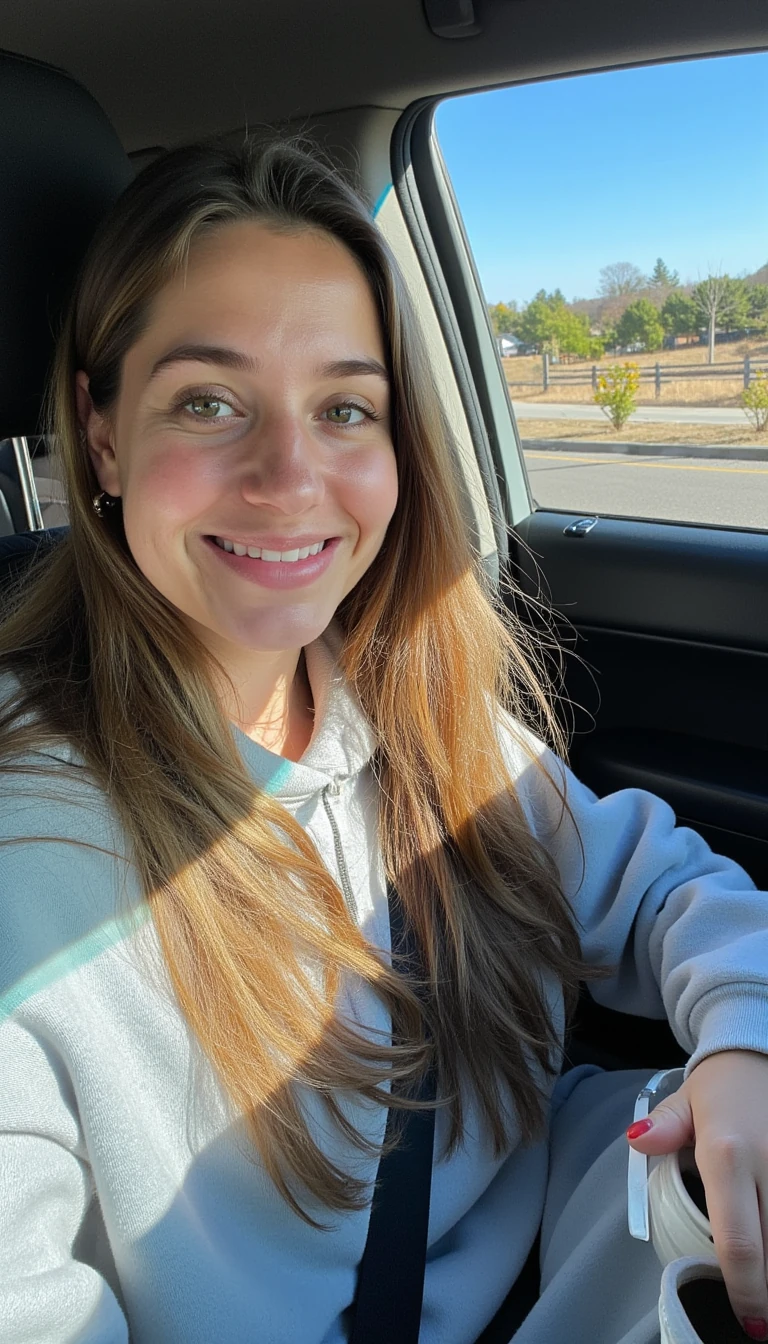 boring low quality snapchat photo circa 2015, A young woman with a warm smile, sitting in the driver's seat of a cozy car. She has soft, wavy brown hair cascading past her shoulders. The sunlight streams through the window, casting a gentle glow on her face. The interior of the car is neat and comfortable, with a coffee cup in the cup holder and a small plant on the dashboard. The background outside the window shows a scenic road lined with trees and blue skies