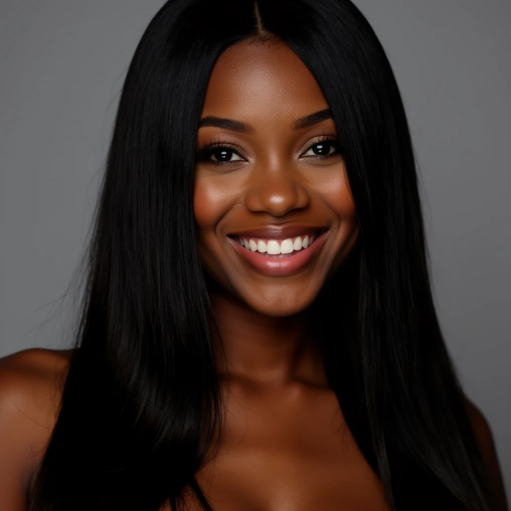 Portrait of a pretty black woman with straight black hair. Well lit, smiling but not showing teeth