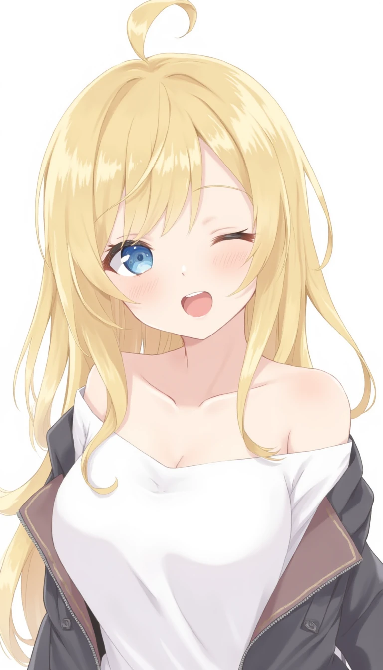 1girl, solo, long hair, looking at viewer, open mouth, blue eyes, blonde hair, simple background, original, bare shoulders, jacket, upper body, white shirt, parted lips, open clothes, teeth, off shoulder, lips, head tilt, eyelashes, makeup, wavy hair, upper teeth, half-closed eyes, messy hair, portrait, zipper, freckles, realistic, nose, photo (medium), red lips