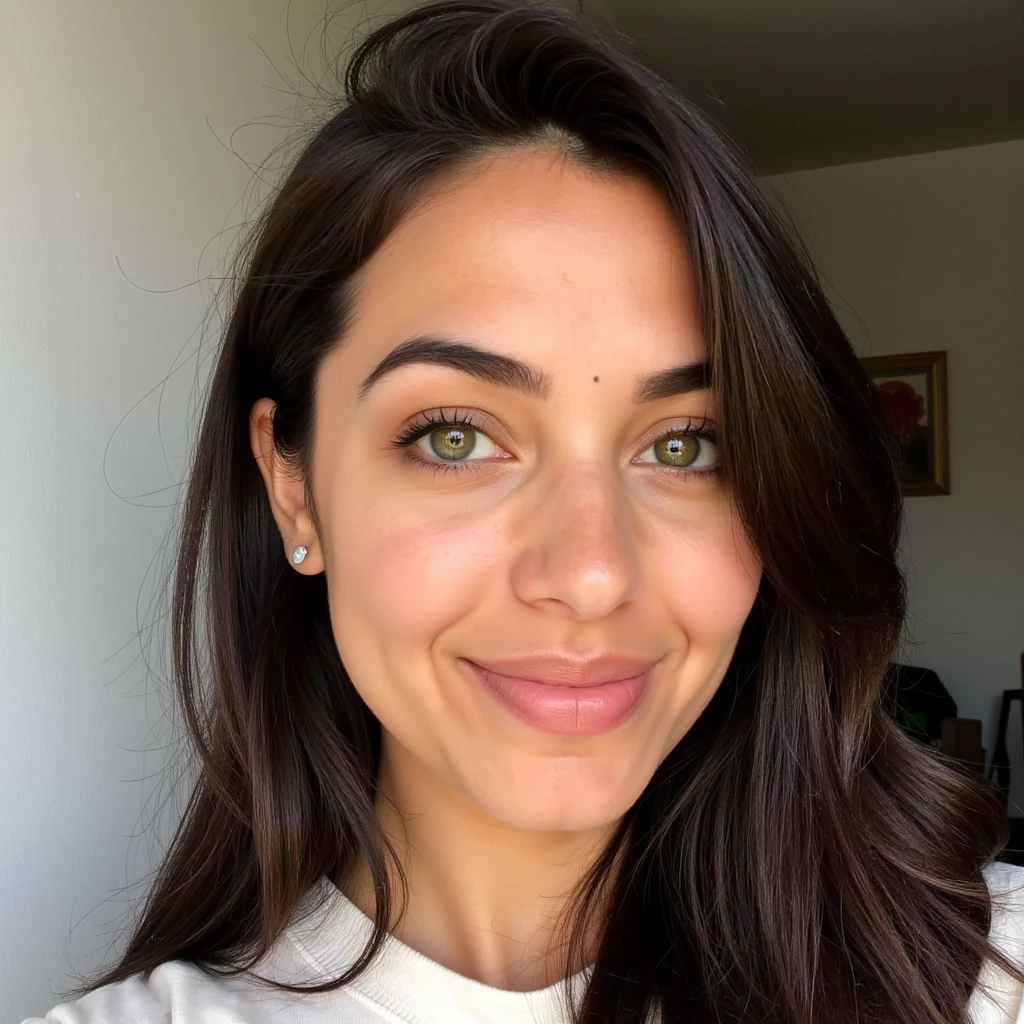 Selfie, Snapchat, low quality

Her face carries a warm olive complexion, kissed by the sun but not airbrushed into perfection. A faint scatter of freckles dusts the bridge of her nose and upper cheeks, softening her sharp cheekbones. There’s a tiny crescent-shaped scar just above her left eyebrow, the kind that makes her features more human than porcelain.

Her eyes are a striking green, a shade somewhere between spring leaves and emerald glass. They’re framed by naturally dark lashes, long enough to cast shadows when she looks down. Her brows are thick but carefully shaped, arching gently to match the expressive tilt of her gaze.

Her nose is straight with a slight curve at the tip, the kind that catches light beautifully in profile. Her lips are full but not exaggerated—soft rose in color, with a faintly uneven outline that makes her smile feel unguarded. When she smiles, a dimple shows on her right cheek alone, as if it’s a private secret.

A loose strand of dark, honey-brown hair often falls across her forehead, framing her oval face and accentuating the delicate shape of her jawline. Her skin has texture—a faint hint of pores and a barely-there blemish near her temple—reminders that her beauty is real, not sculpted.

Zahra’s expression rests in quiet confidence. There’s a gentle alertness in her eyes, as if she’s always noticing more than she says. And when she looks at someone, it’s not a passing glance. It’s the kind of gaze that holds you in place.