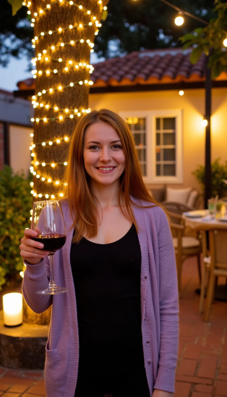 A full body shot photo of a woman standing outdoors at a cozy, warmly lit patio in the evening, with soft, glowing lights wrapped around a tree behind them creating a charming atmosphere. The image is rich in detail, with warm tones and clear textures throughout. The woman has fair skin, a slim build, and long reddish-blonde hair, also worn loose. She is smiling warmly at the camera, holding a glass of red wine in her right hand, and wears a soft-textured lavender cardigan over a black top. The background features a large tree with sparkling string lights wrapped around its trunk and branches, adding a magical touch to the scene. The setting suggests a private outdoor seating area, with elements like terracotta-tiled roofing, greenery, and rattan chairs contributing to a serene, inviting vibe. The overall composition is balanced, with the woman framed against the softly glowing tree, and the lighting enhances the warm, intimate feel of a quiet evening shared among friends. The details are vivid, with textures of clothing, skin, and background elements clearly visible, while the warm lighting creates a relaxed and joyful mood