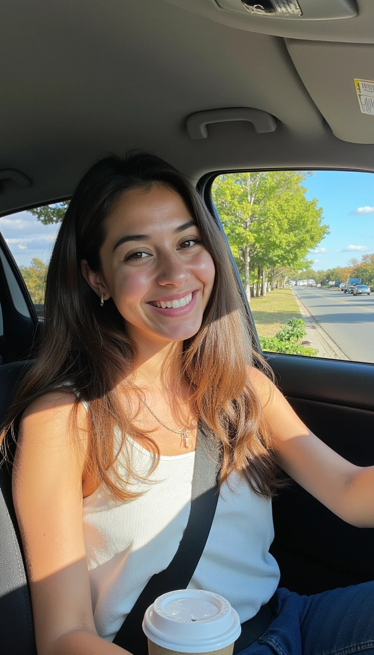boring low quality snapchat photo circa 2015, A young woman with a warm smile, sitting in the driver's seat of a cozy car. She has soft, wavy brown hair cascading past her shoulders. The sunlight streams through the window, casting a gentle glow on her face. The interior of the car is neat and comfortable, with a coffee cup in the cup holder and a small plant on the dashboard. The background outside the window shows a scenic road lined with trees and blue skies