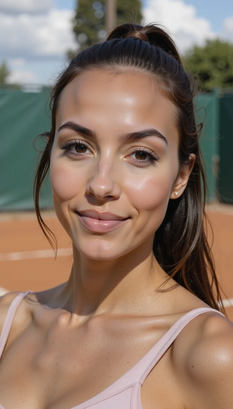  Medium close up Photoshoot of CSTMDL woman in tennis court doing stylish photoshoot