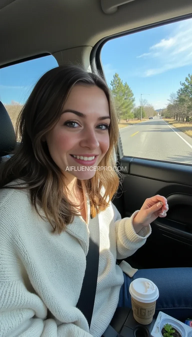 boring low quality snapchat photo circa 2015, A young woman with a warm smile, sitting in the driver's seat of a cozy car. She has soft, wavy brown hair cascading past her shoulders. The sunlight streams through the window, casting a gentle glow on her face. The interior of the car is neat and comfortable, with a coffee cup in the cup holder and a small plant on the dashboard. The background outside the window shows a scenic road lined with trees and blue skies