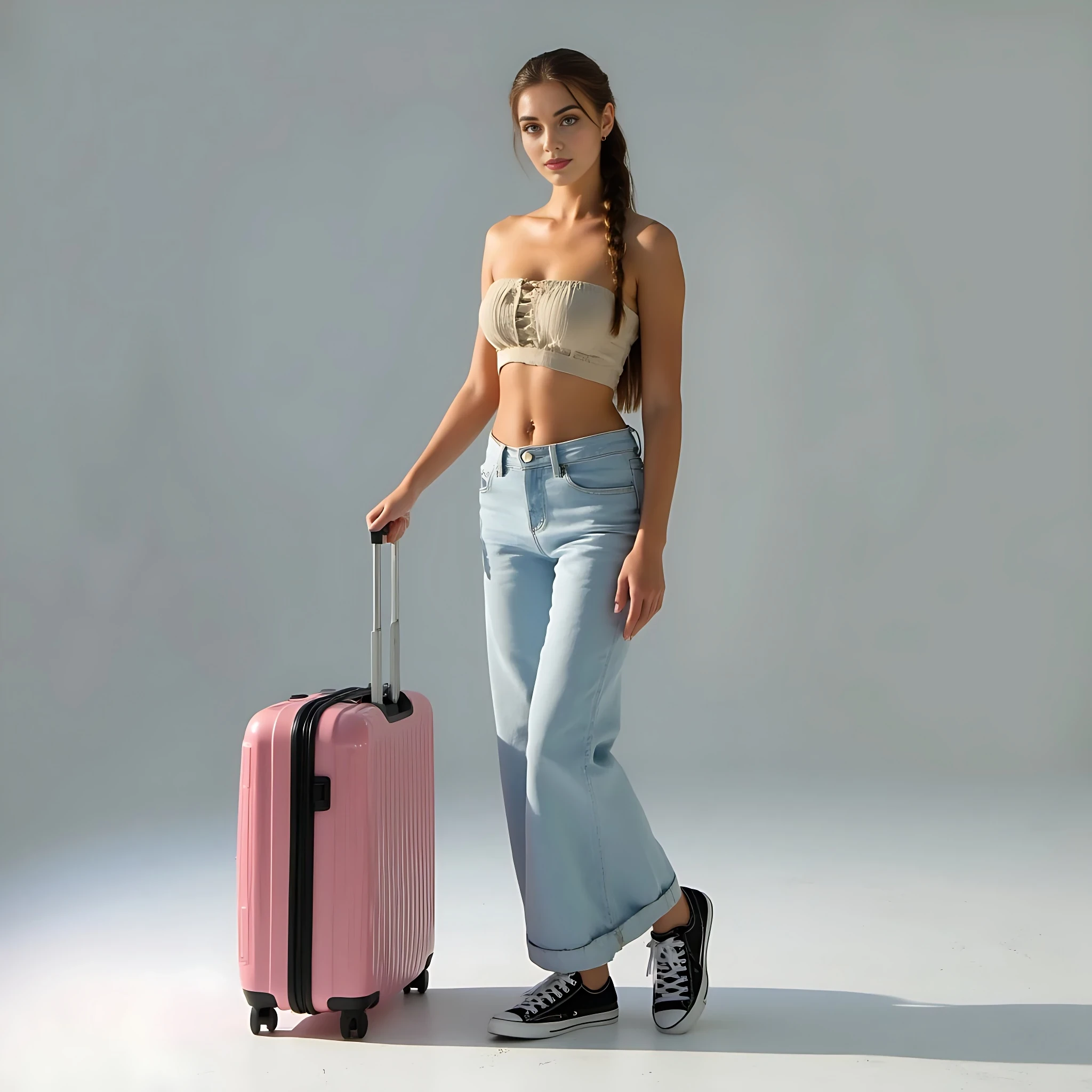 Create an ultra-realistic full body image of a 19 year old Serbian woman with a stunning hourglass figure: slim, curvy, and beautiful, featuring a flat tummy, big hips, and a perfect, perky chest. Her skin is fair, adorned with numerous beauty marks. She stands at 5'9", embodying the epitome of allure and charm with her sharp Slavic facial features. Her captivating baby blue eyes and long, 
 long baby brown hair enhance her mesmerizing presence. Dressed in light colored mom jeans and a beige strapless top, hair up in a ponytail, with black sneakes, hands on a pink suitcase, airport setting, belgade airport, she is with model face, playing in the snow, Her expression is one of confidence and allure, making her every man's dream girl. Focus on extreme realism, especially in her facial details, white milky skin, no makeup, natural look ,natural breasts