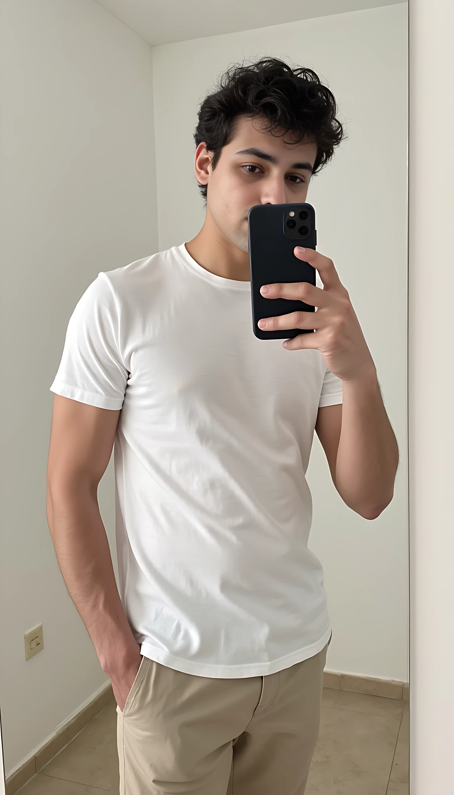 CSTMDL handsome 20 year old man A casual mirror selfie of a young man in a minimal bedroom, wearing a white T-shirt and beige pants. Holding the phone naturally in one hand, relaxed expression, slight lean toward the mirror. Clean modern background, soft daylight. Hyper-realistic with detailed facial features preserved.

