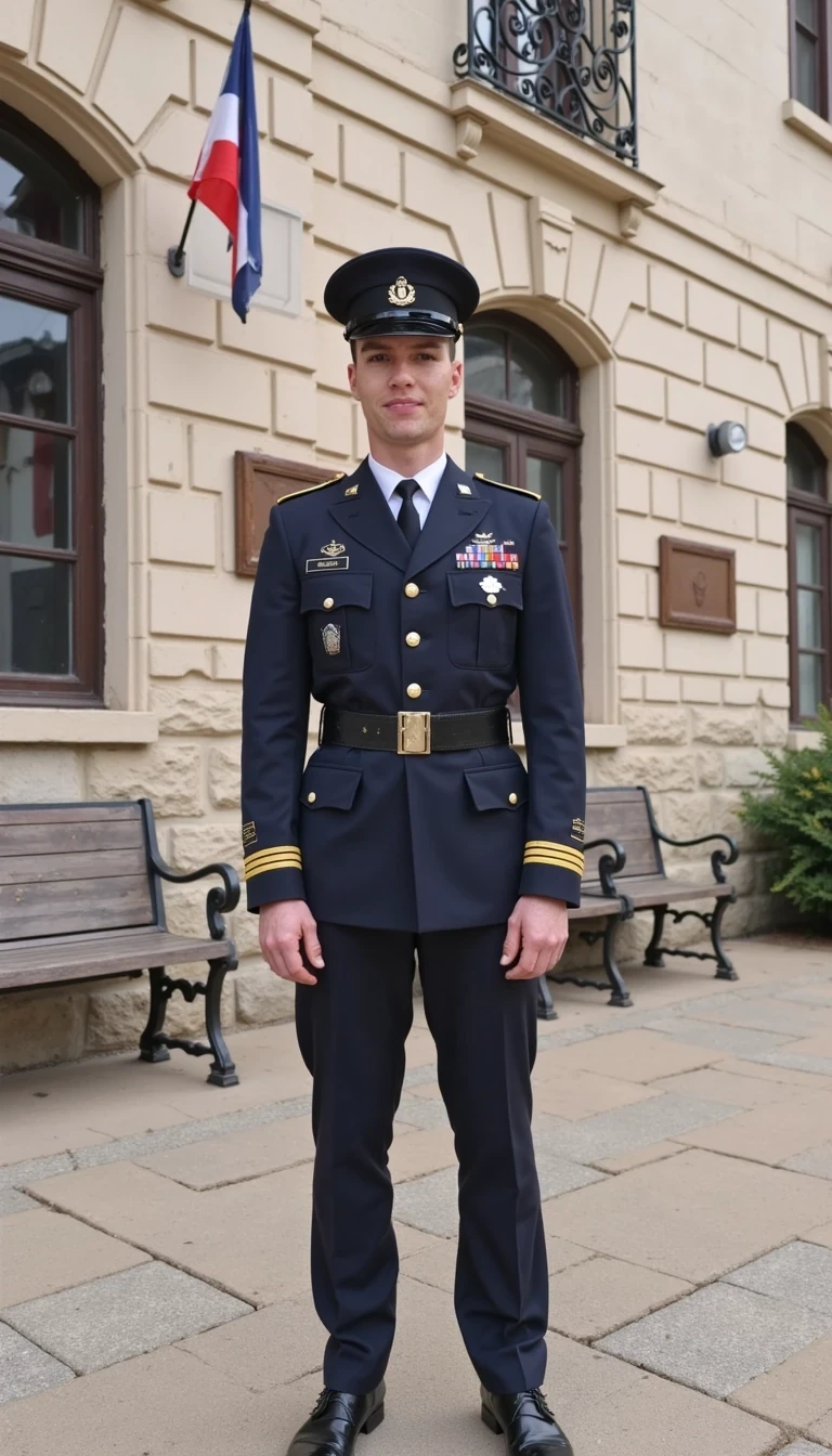 Wearing the French foreign legion uniform standing outside a military barracks with the French flag on a wall, smiling and posing