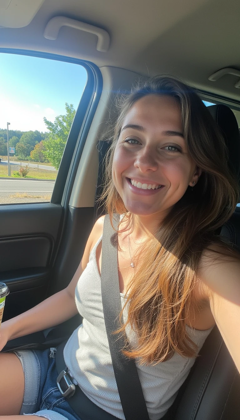 boring low quality snapchat photo circa 2015, A young woman with a warm smile, sitting in the driver's seat of a cozy car. She has soft, wavy brown hair cascading past her shoulders. The sunlight streams through the window, casting a gentle glow on her face. The interior of the car is neat and comfortable, with a coffee cup in the cup holder and a small plant on the dashboard. The background outside the window shows a scenic road lined with trees and blue skies