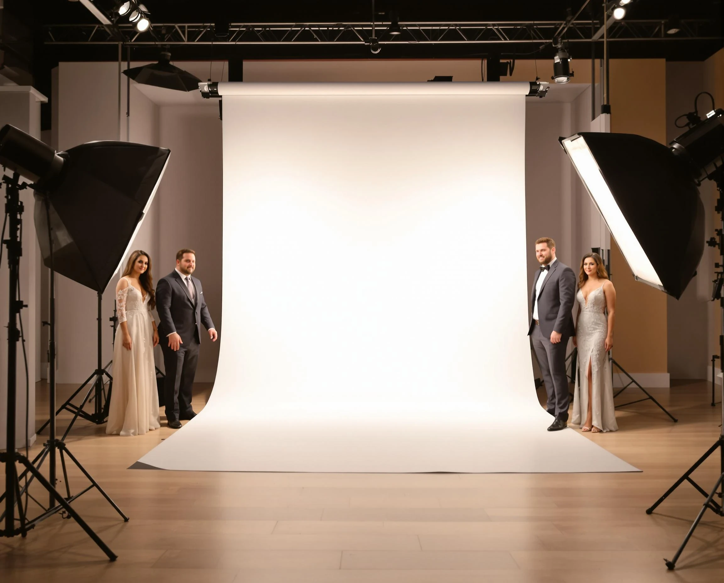 A modern photo studio with professional studio lighting, featuring soft, diffused key lights and a clean, neutral backdrop. In the center of the composition, leave a blank, featureless space to later replace with a subject. On either side of the blank space are wedding guests dressed in elegant attire, casually posed as if waiting for the main subject to take their place. The atmosphere is warm and celebratory, with the studio lighting casting soft, natural shadows that highlight the guests while keeping the central blank space clearly visible and unobstructed. The focus should subtly guide attention to the empty center, with the guests slightly out of focus to suggest depth.