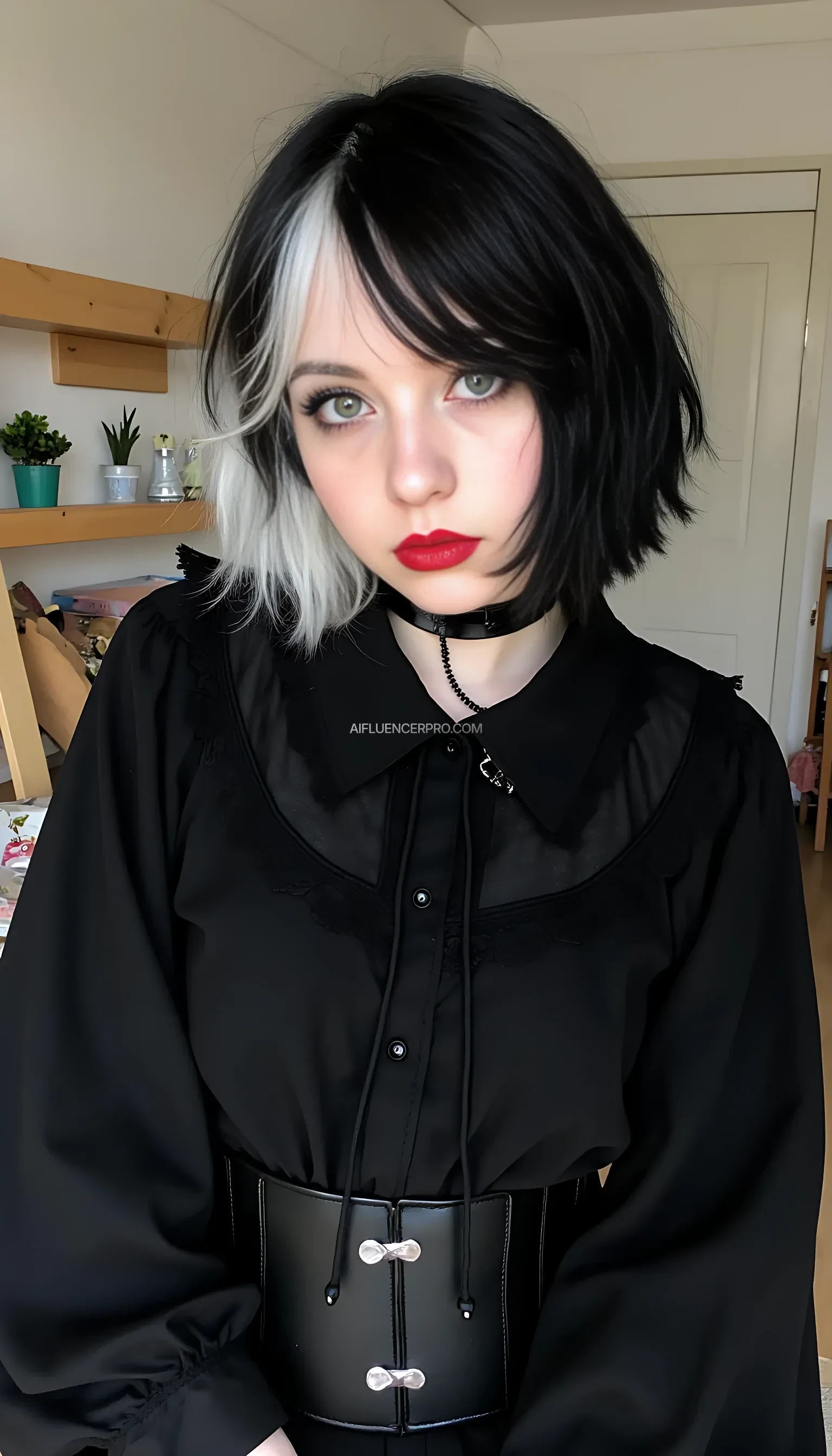 The image is a high-resolution photograph featuring a young 18 years old woman with a striking gothic style. She has a pale complexion and wears vibrant, deep red lipstick that contrasts sharply with her dark eyeliner and mascara, accentuating her large, expressive green eyes. Her hair is styled in an asymmetrical bob, with the left side  fully dyed black and the right side fully dyed white, creating a striking contrast, styled in a voluminous, very messy tousled bob with bangs that frame her face.
She is dressed in a black, lace-trimmed blouse with long sleeves, which she wears over a black corset with silver hardware, cinched at the waist. Around her neck, she wears a black choker. The background is a simple, light-colored room with wooden furniture, including a shelf with a few small potted plants and decorative items. The overall aesthetic of the image is dark and edgy, with a focus on the woman's bold, alternative fashion and makeup. The image conveys a sense of individuality and rebellion through its gothic and punk-inspired elements.
