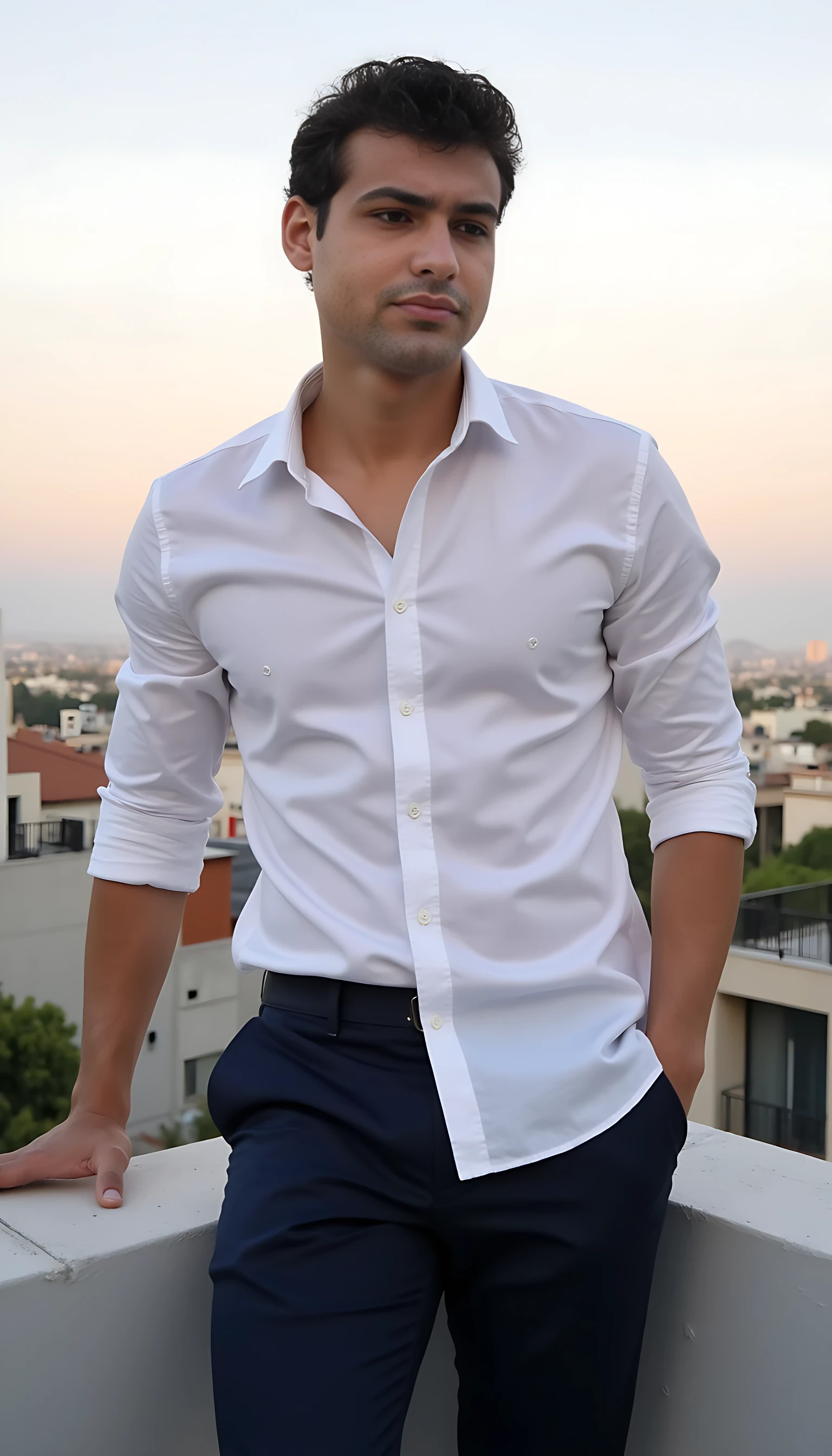 CSTMDL handsome 20 year old man A man standing on a private rooftop or balcony, cityscape in the background, elegant casual outfit: crisp white shirt with rolled sleeves and navy chinos, leaning casually on the railing, one hand in pocket, calm expression, warm ambient light, luxury minimalist setting, hyper-realistic style