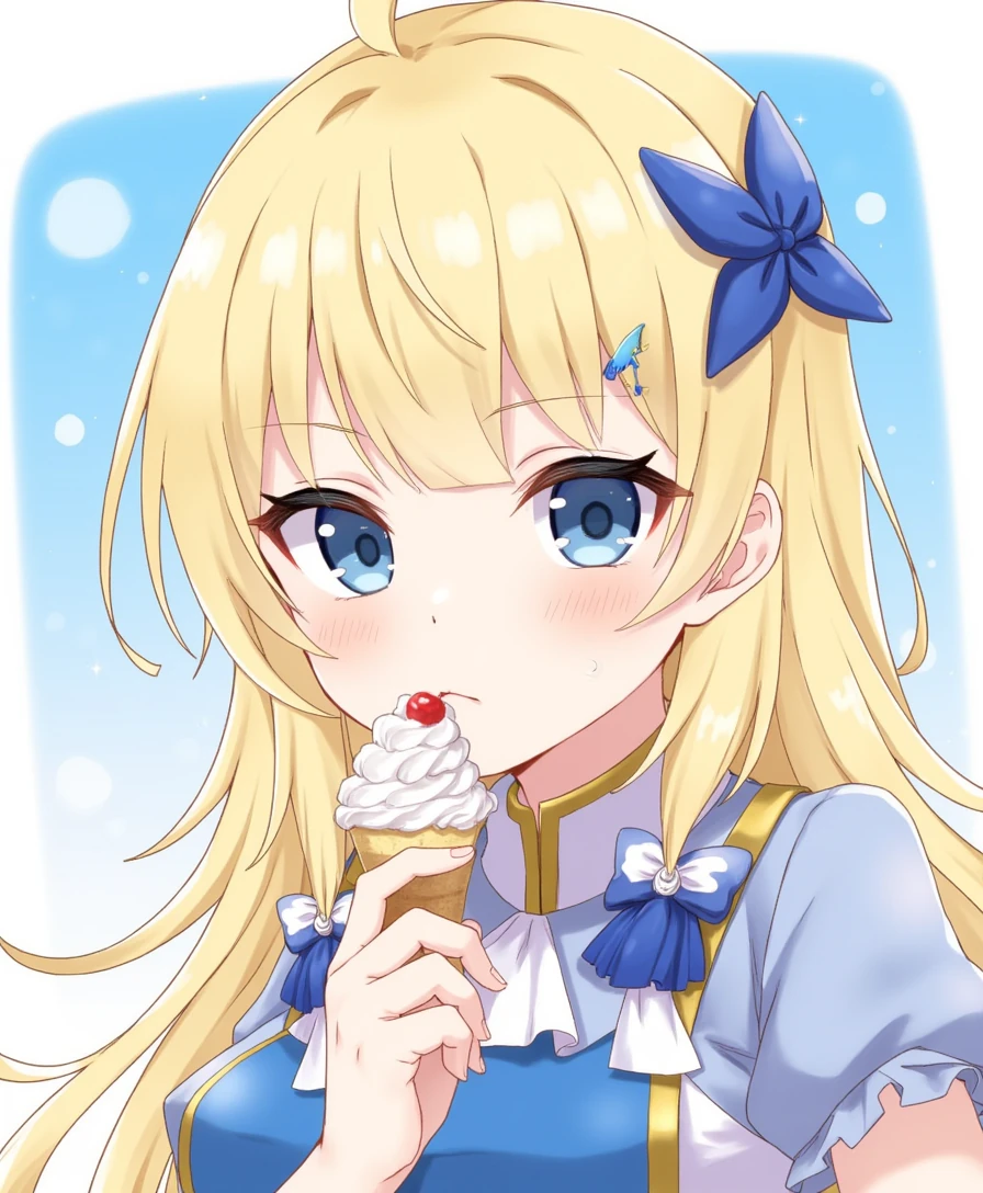 Luna, ice blonde hair, licking whipped cream or frosting off her finger with a sly expression