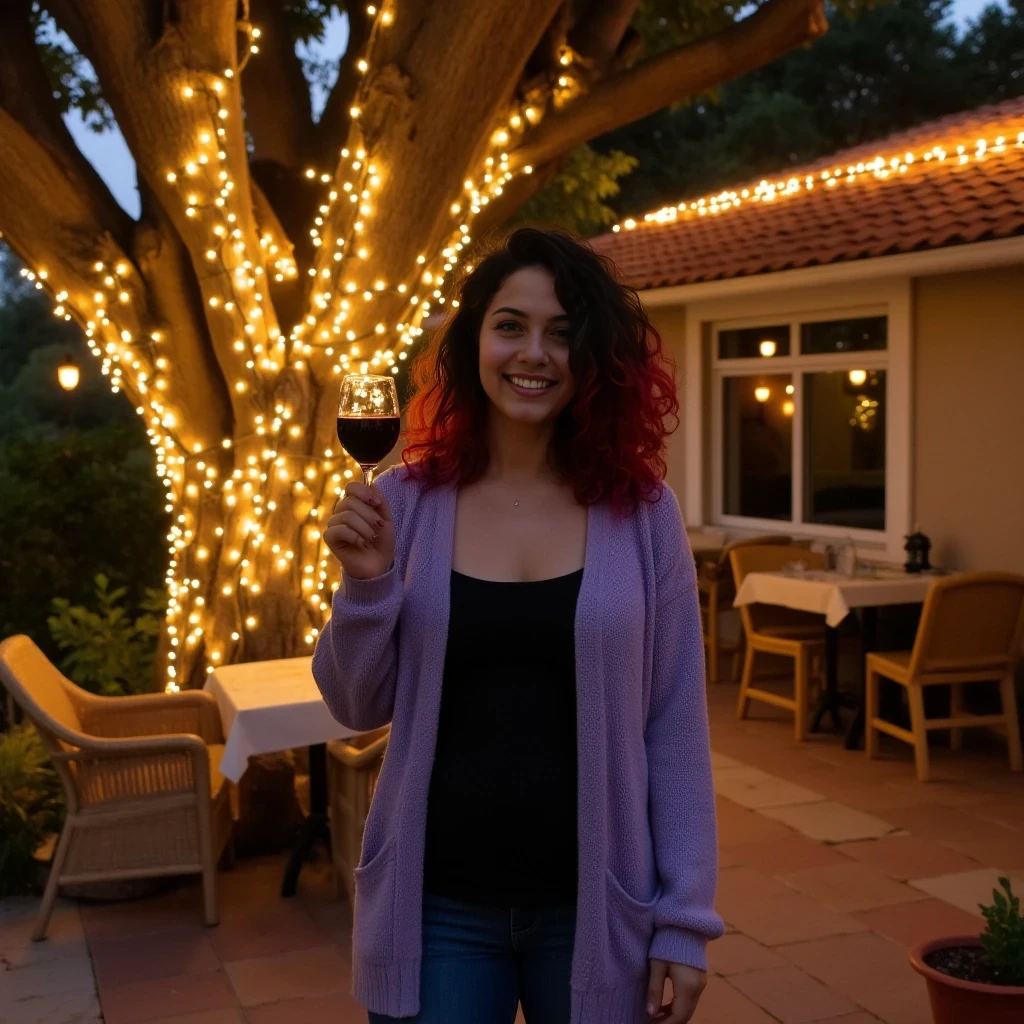 A full body shot photo of a woman standing outdoors at a cozy, warmly lit patio in the evening, with soft, glowing lights wrapped around a tree behind them creating a charming atmosphere. The image is rich in detail, with warm tones and clear textures throughout. The woman has lightly tanned skin, a slim curvy build medium breast, wide hips, thick thighs, medium ass, and black and vivid red medium curly hair, also worn loose. She is smiling warmly at the camera, holding a glass of red wine in her right hand, and wears a soft-textured lavender cardigan over a black top. The background features a large tree with sparkling string lights wrapped around its trunk and branches, adding a magical touch to the scene. The setting suggests a private outdoor seating area, with elements like terracotta-tiled roofing, greenery, and rattan chairs contributing to a serene, inviting vibe. The overall composition is balanced, with the woman framed against the softly glowing tree, and the lighting enhances the warm, intimate feel of a quiet evening shared among friends. The details are vivid, with textures of clothing, skin, and background elements clearly visible, while the warm lighting creates a relaxed and joyful mood