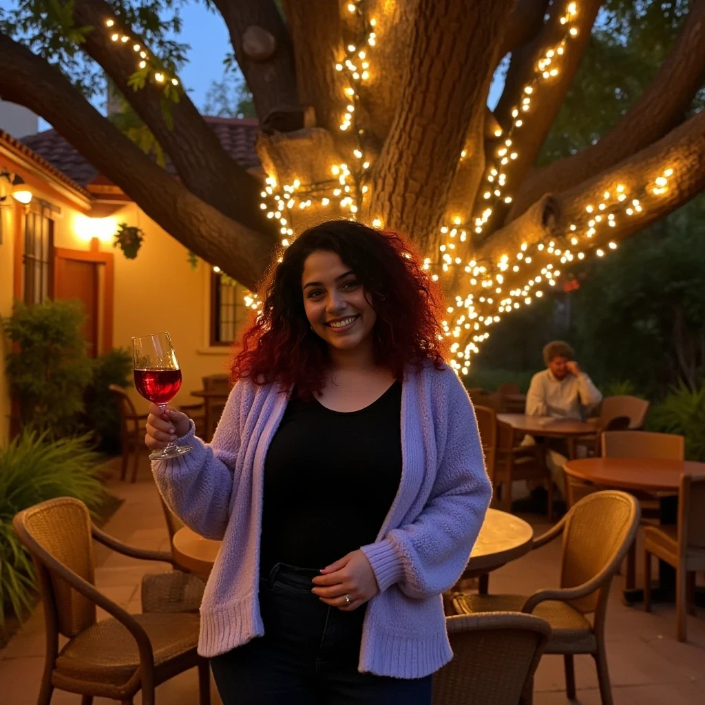 A full body shot photo of a woman standing outdoors at a cozy, warmly lit patio in the evening, with soft, glowing lights wrapped around a tree behind them creating a charming atmosphere. The image is rich in detail, with warm tones and clear textures throughout. The woman has lightly tanned skin, a slim curvy build medium breast, wide hips, thick thighs, medium ass, and black and vivid red medium curly hair, also worn loose. She is smiling warmly at the camera, holding a glass of red wine in her right hand, and wears a soft-textured lavender cardigan over a black top. The background features a large tree with sparkling string lights wrapped around its trunk and branches, adding a magical touch to the scene. The setting suggests a private outdoor seating area, with elements like terracotta-tiled roofing, greenery, and rattan chairs contributing to a serene, inviting vibe. The overall composition is balanced, with the woman framed against the softly glowing tree, and the lighting enhances the warm, intimate feel of a quiet evening shared among friends. The details are vivid, with textures of clothing, skin, and background elements clearly visible, while the warm lighting creates a relaxed and joyful mood