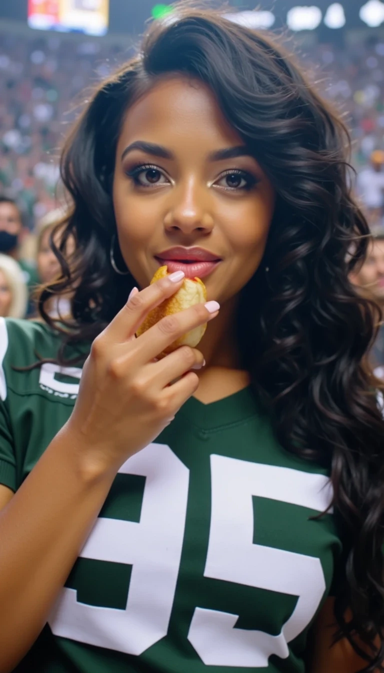 Create a photorealistic image of a stunning dark-skinned woman in her mid-20s, styled as a low-quality Snapchat-style selfie labeled CSTMDL, taken while sitting in the bleachers at MetLife Stadium during a Jets vs. Steelers game. The photo should have a casual, unfiltered look — slightly grainy and soft-focused, mimicking a real phone camera shot. In the background, there’s a packed crowd of fans wearing Jets and Steelers jerseys, adding to the energetic, game-day atmosphere.

The woman has a rich brown complexion, deep brown almond-shaped eyes, and long, wavy black hair flowing past her shoulders. Her figure is curvy, with full hips, a large butt, and a full chest. She’s wearing a Jets football jersey, casually putting a hotdog with ketchup and mustard with a bun in her mouth wide open with one hand, and her nails and toes feature a crisp white French manicure/pedicure.

Emphasize a realistic selfie angle, stadium lighting, and the authentic feel of a Snapchat moment captured during a live NFL game.