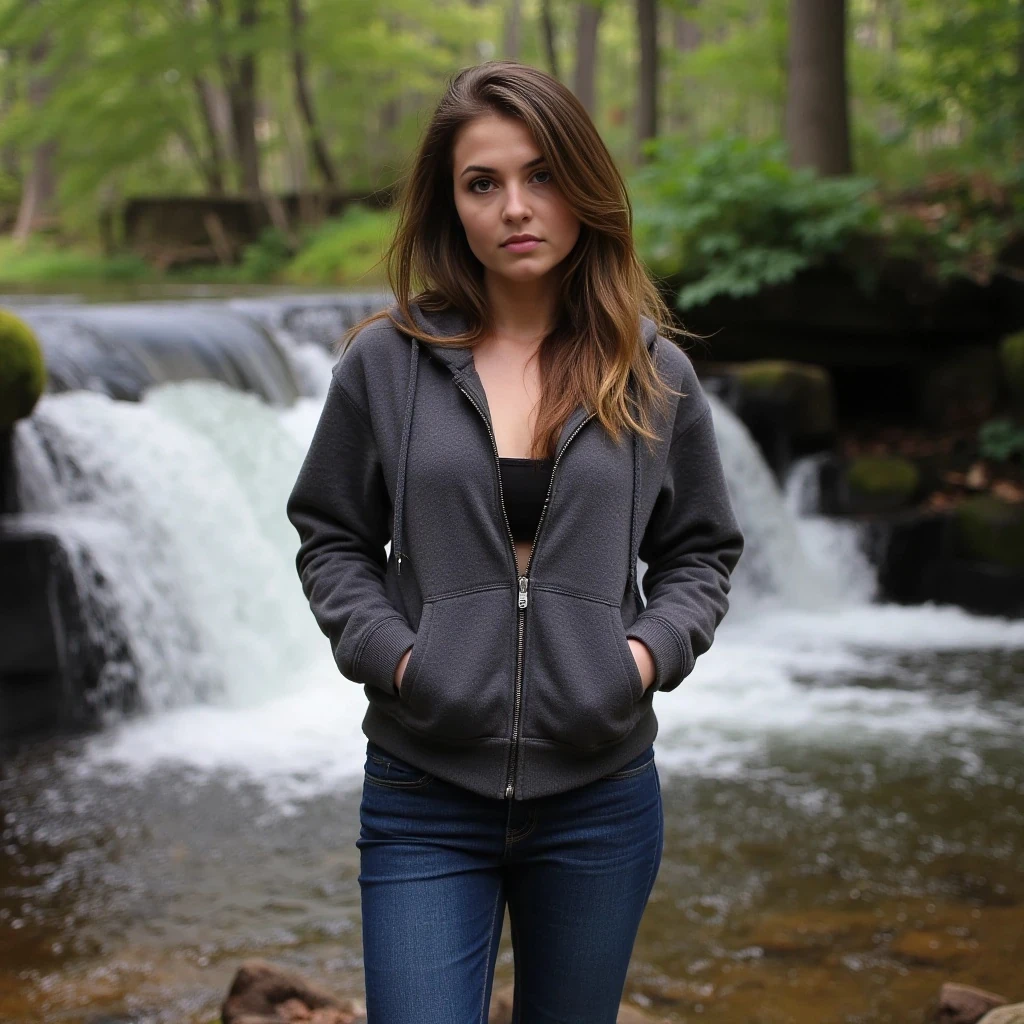 young 24 year old sexy Russian woman with brown hair and green eyes, big boobs, sexy ass, wearing tight jeans, a hoodie, posing in the woods next to a waterfall