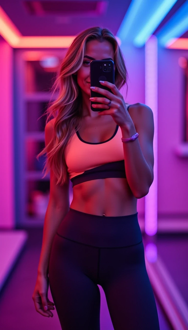 IMG_2101.HEIC, CSTMDL woman in neon sports bra and compression long pants, mirror selfie in futuristic cyber-gym with pink and blue LED lights, snapchat-style selfie
