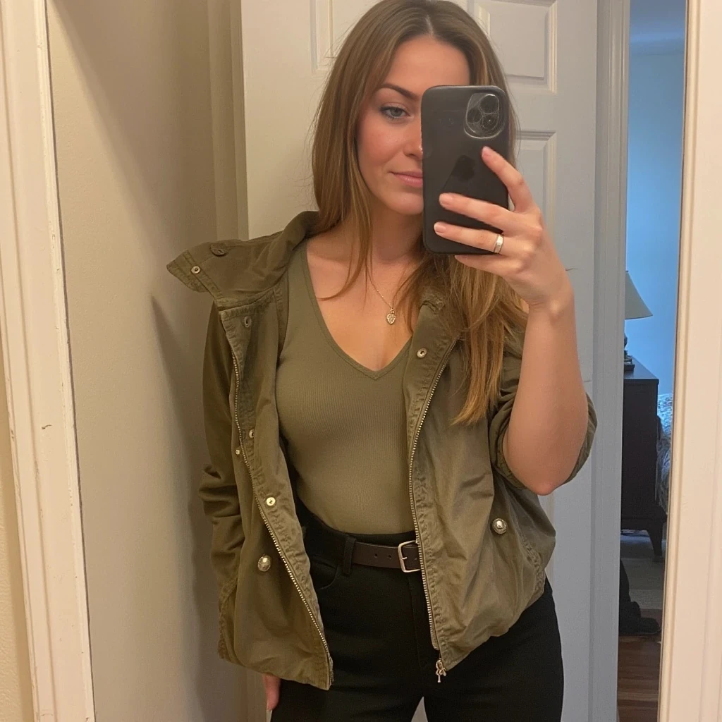 boring low quality snapchat photo circa 2015, cute woman, soft light brown hair, full outfit