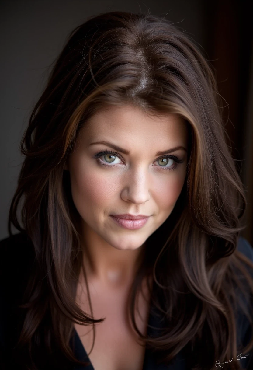 CSTMDL, blue eyed, close-up of her face as a brunette vampire, ((canins showing))